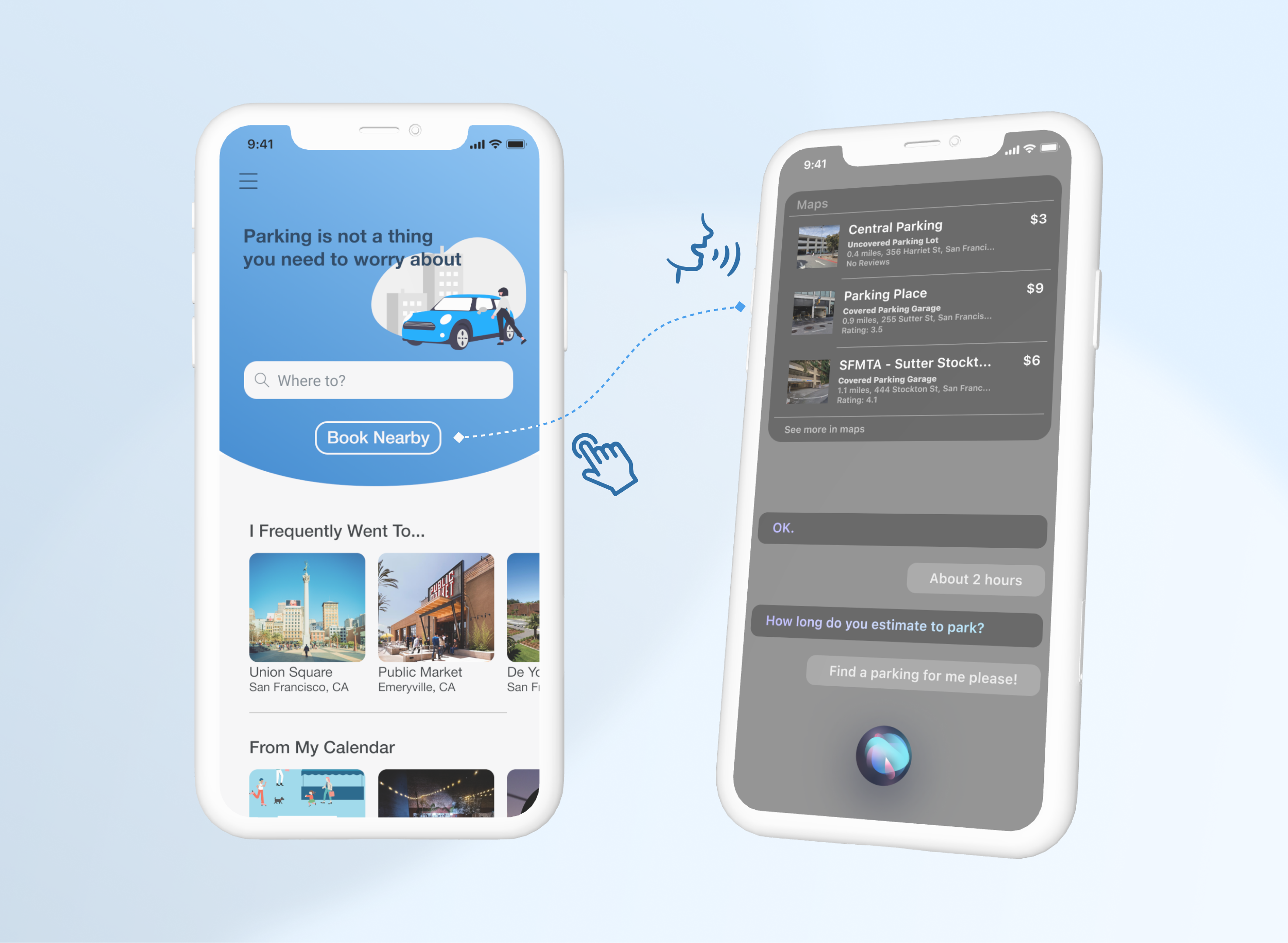 Final Parc home screen with Book Nearby and a voice booking concept
